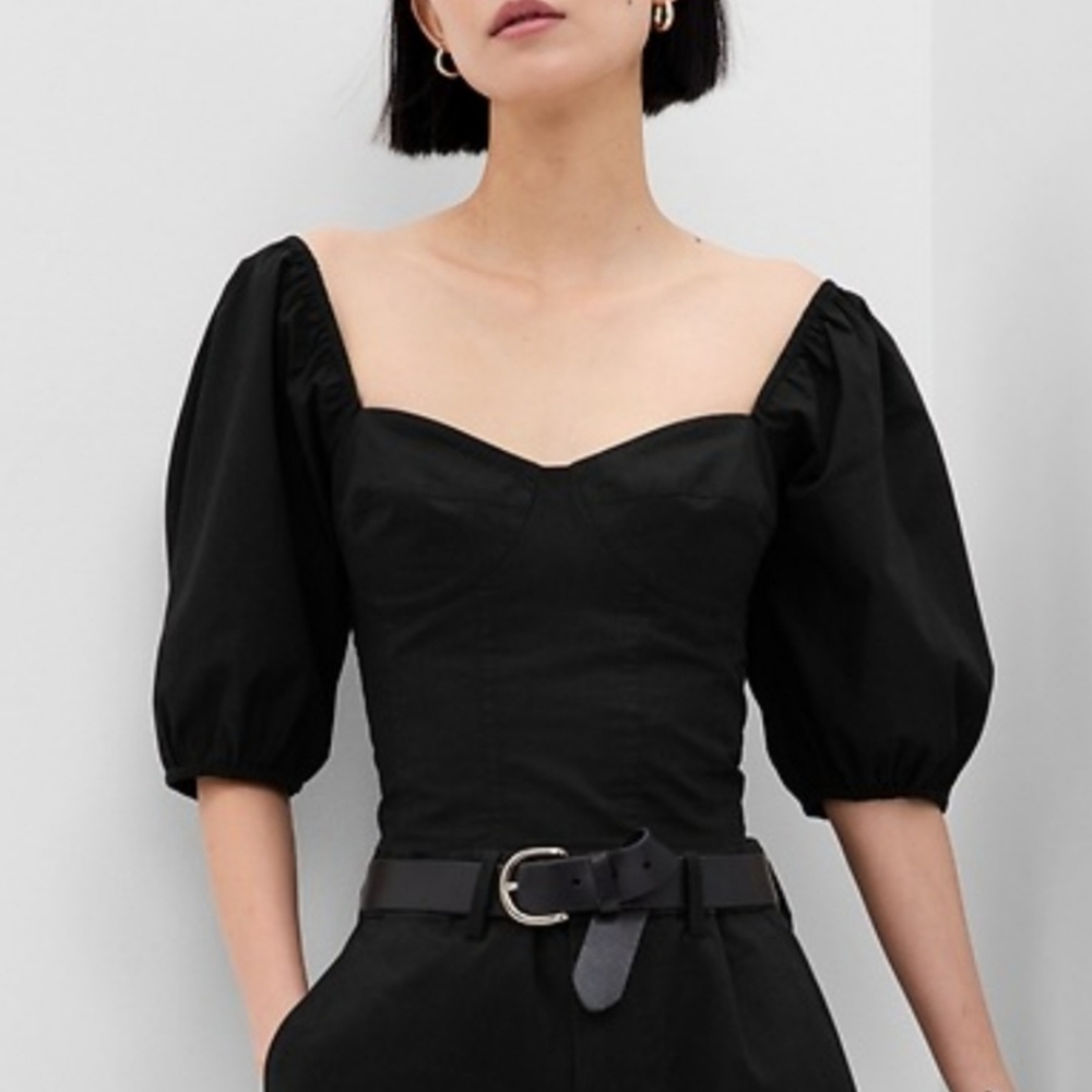NEW GAP Black Sweetheart Puff Sleeve Smocked Corset 100% Cotton Crop Top